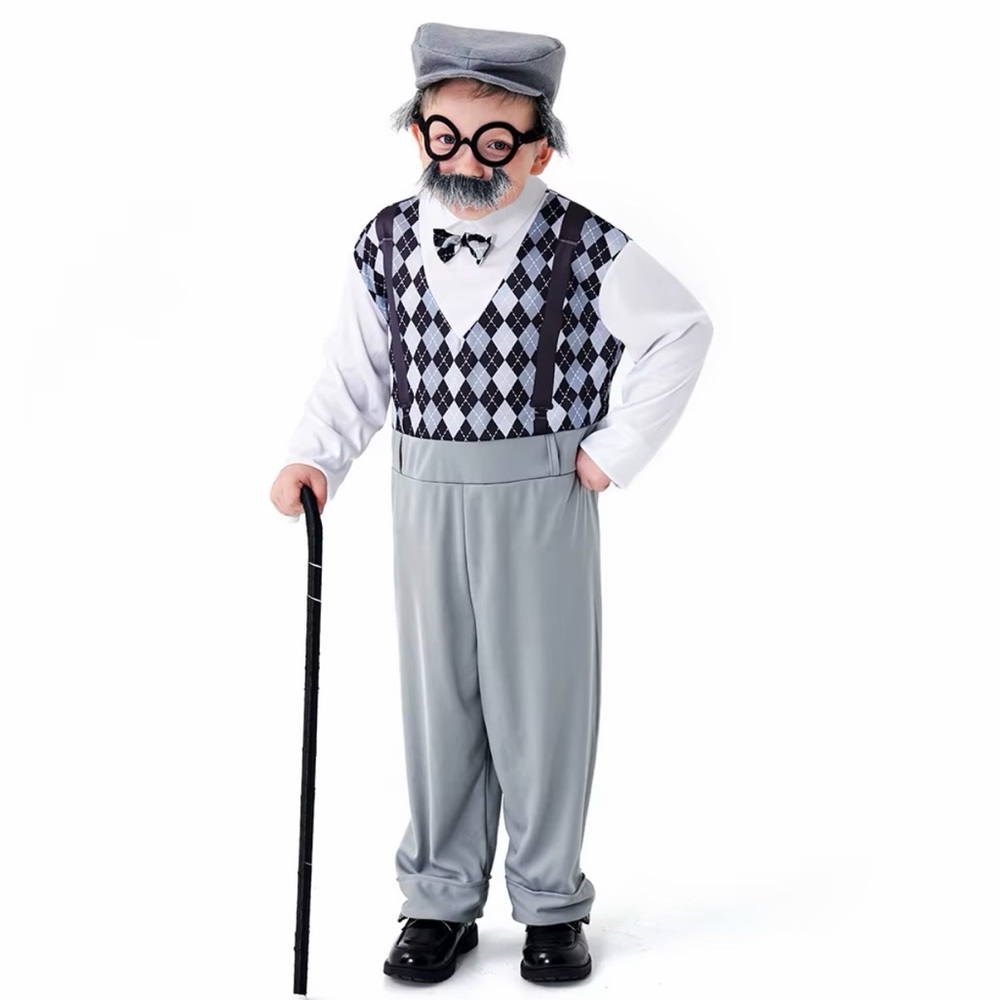 Classic Gray Grandpa Kids Costume with Argyle Vest Design